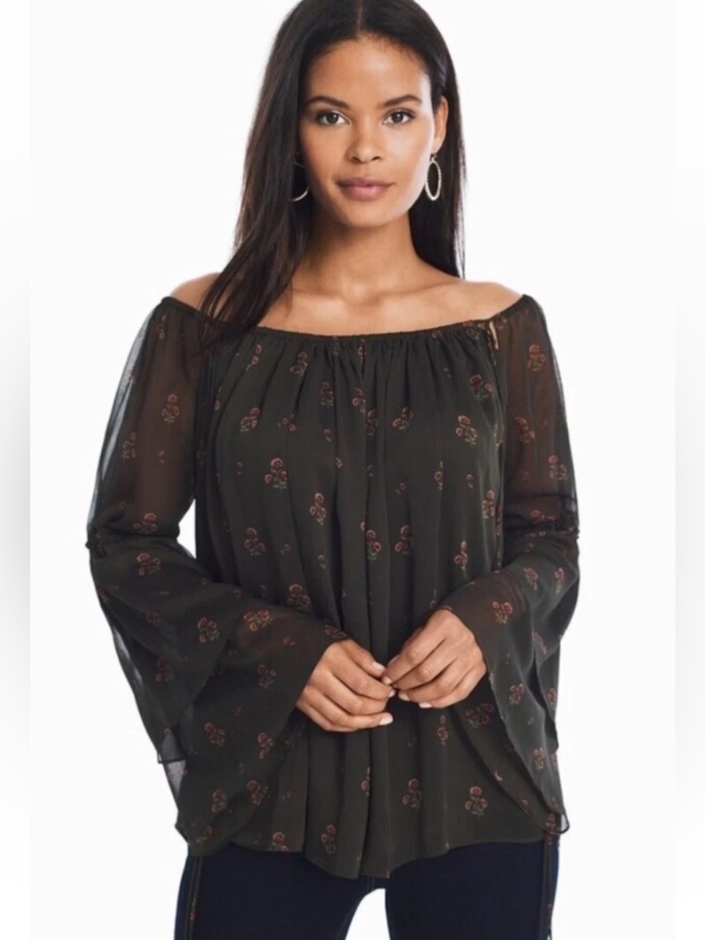 NWT White House Black Market Olive Green Off-Shoulder Floral Blouse (012)